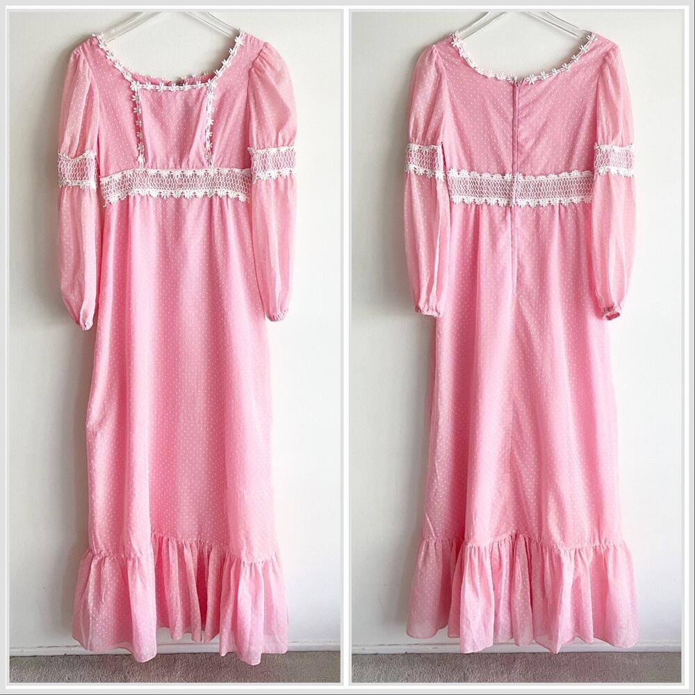 Vintage JCPenny Fashions XS Prairie Dress Pink Swiss Dot Maxi Long Sleeve